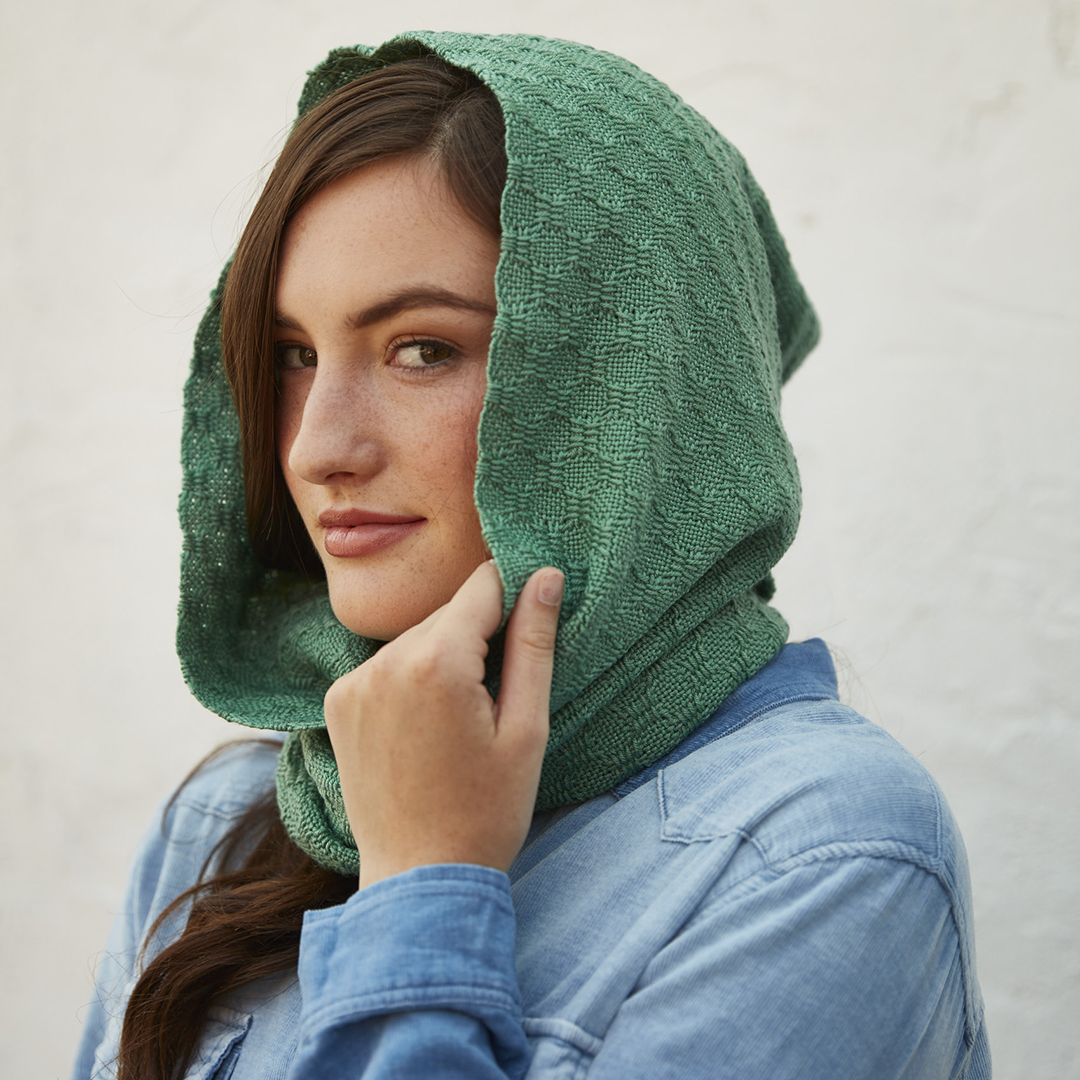 A hood woven in m's and o's on a 4-shaft loom.